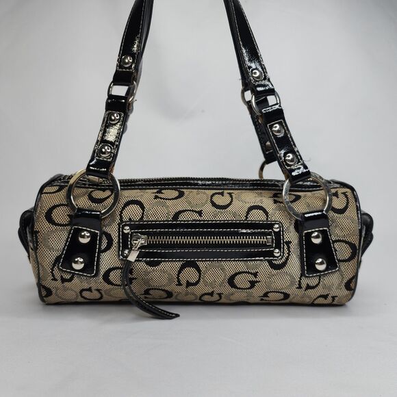 Guess Monogram Barrel Bag Satchel G Logo Canvas Black Patent Trim Purse Y2K - Picture 11 of 11
